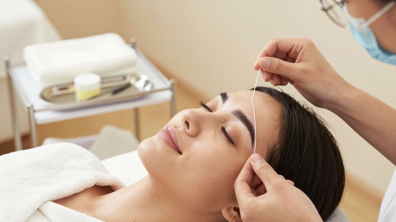 Person receiving eyebrow threading treatment in a salon, lying relaxed with eyes closed, practitioner holding thread.