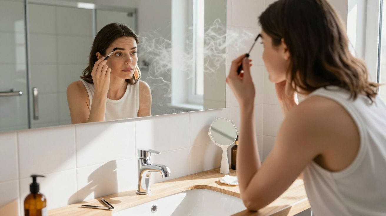 Woman applying mascara in front of a bathroom mirror, with vanity items and a sink visible in the foreground.