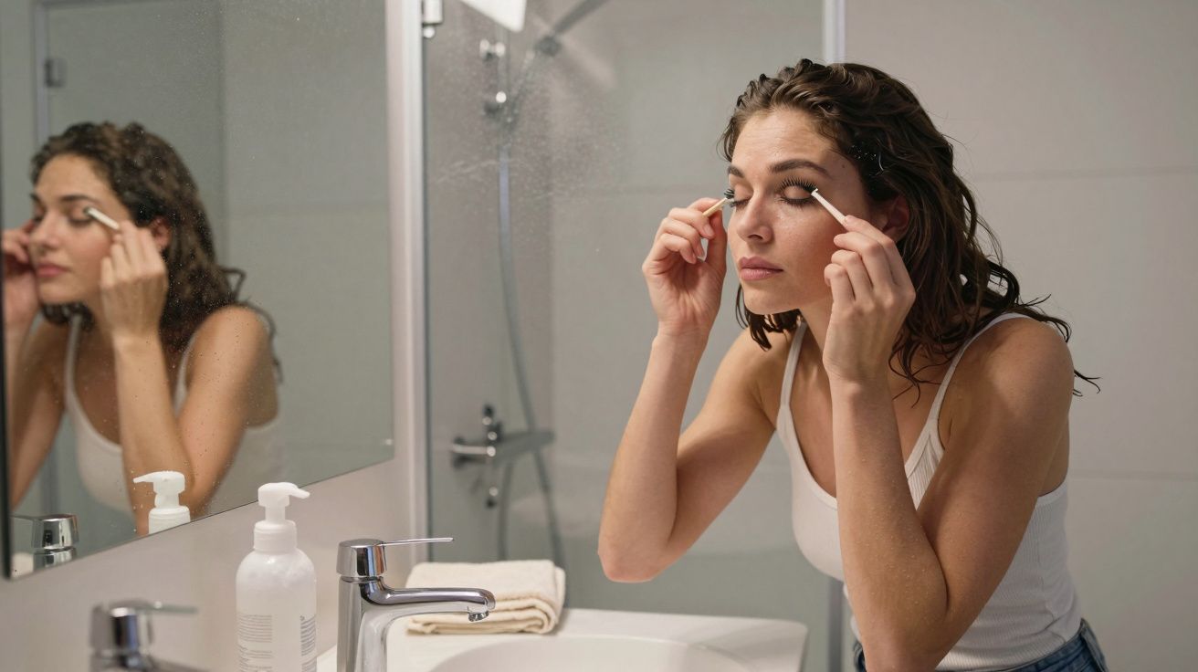 Woman applying mascara in front of the bathroom mirror, surrounded by toiletries on the sink.