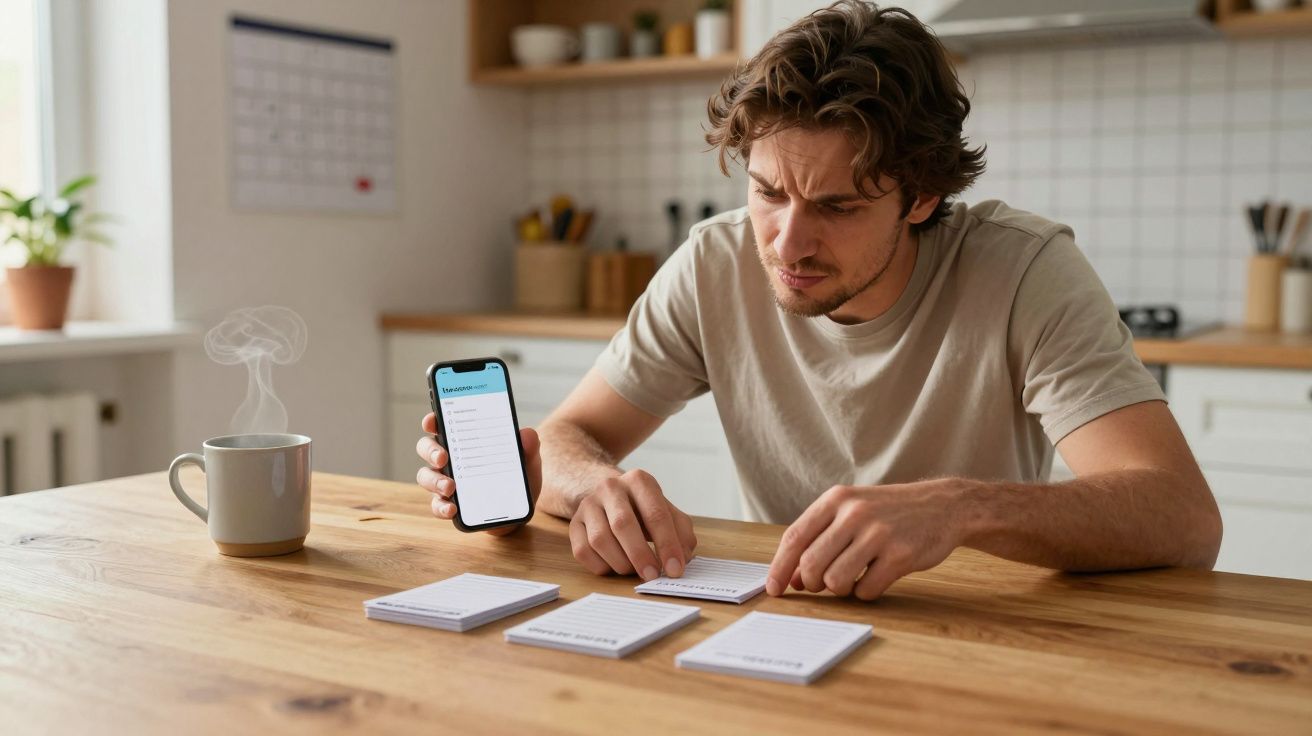 Man using a smartphone and studying notecards at a kitchen table with a mug nearby.