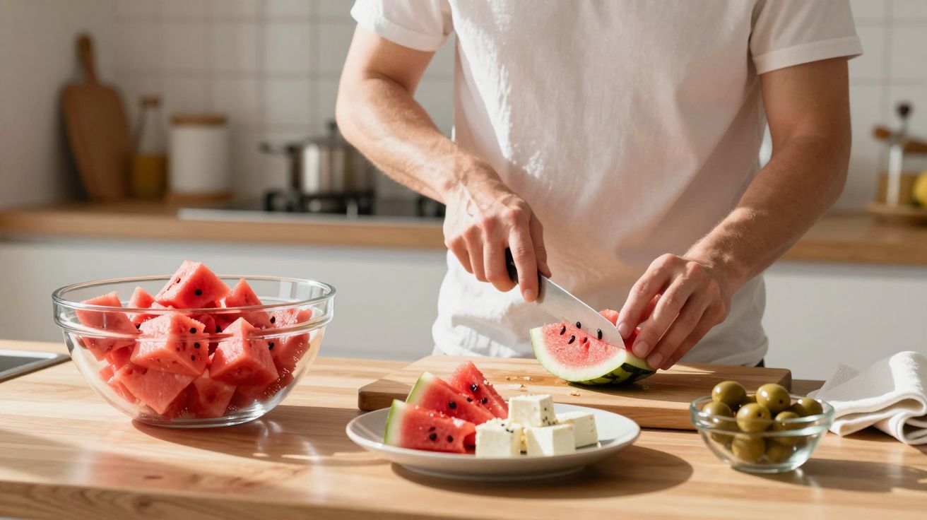 Man slicing watermelon on a wooden board, with a bowl of cut watermelon, feta cheese, and olives on a wooden countertop.