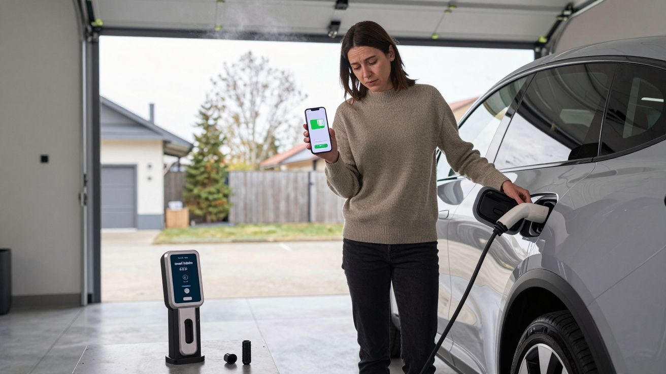 Woman charging electric car in garage, holding a smartphone showing battery percentage, charger display nearby.