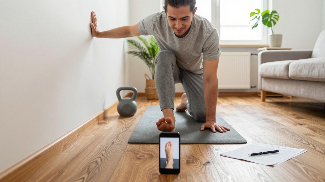 Man practising yoga at home, following a video on a tablet. Kettlebell and notebook on the wooden floor nearby.
