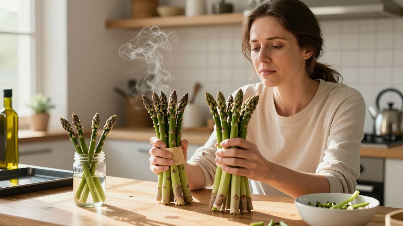 Woman sorting asparagus in a bright kitchen, with a dish of trimmed pieces on a wooden table.