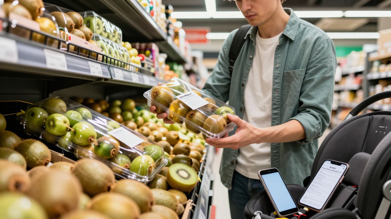 Man in a supermarket examining packaged kiwis, with more fruit and a shopping list on a phone nearby.