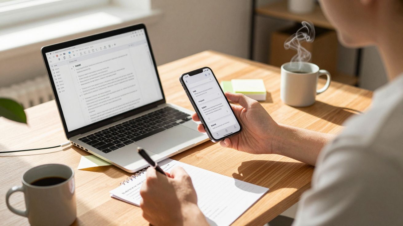 Person holding a smartphone and pen at a desk with a laptop, notebook, and steaming coffee mug.