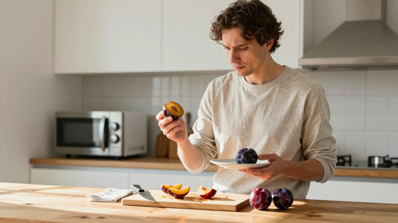 Man in kitchen holding sliced plum, with cutting board of plums, knife, and plate on wooden counter.