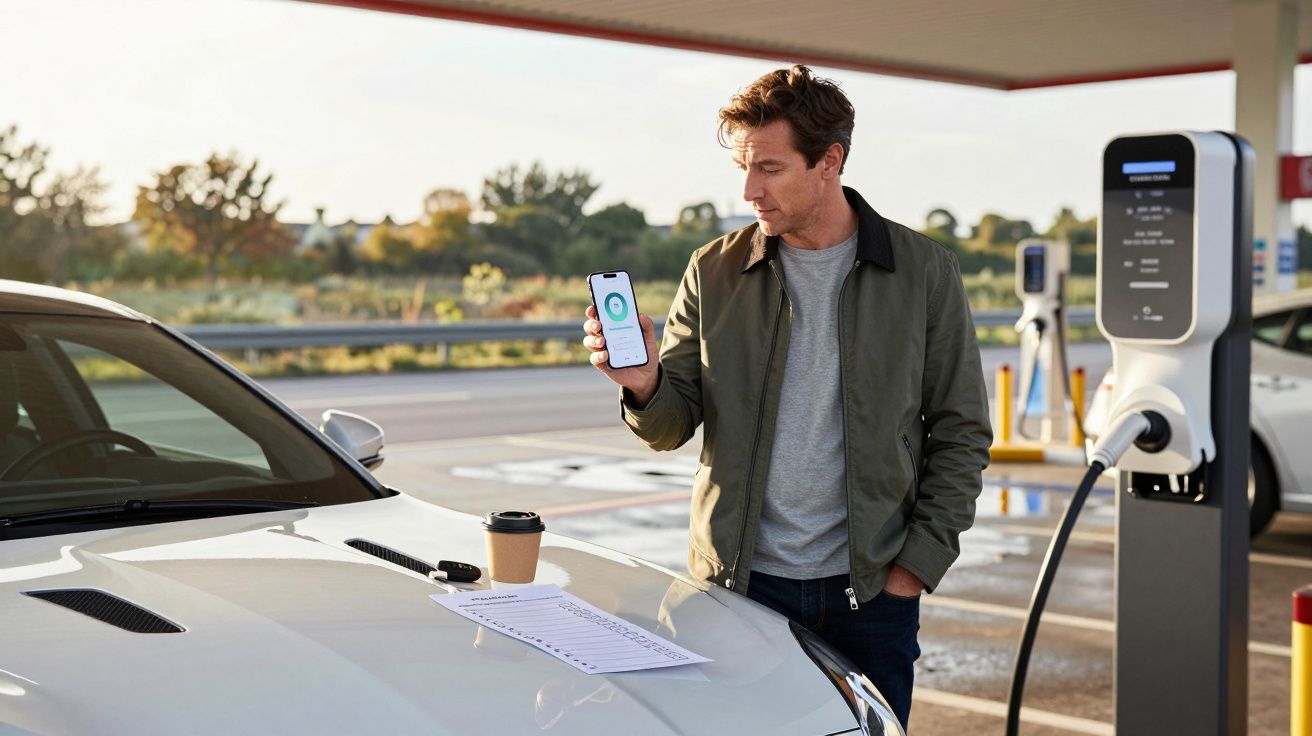 Man at charging station with phone, car and coffee cup.