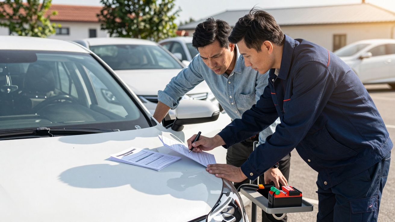 Mechanic and customer reviewing paperwork on a car bonnet in a sunny outdoor setting.