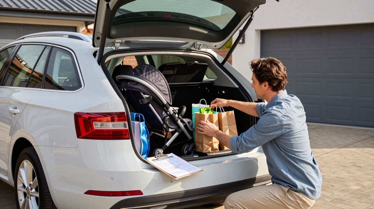 Man loading shopping bags into car boot, next to a pushchair, outside a house.