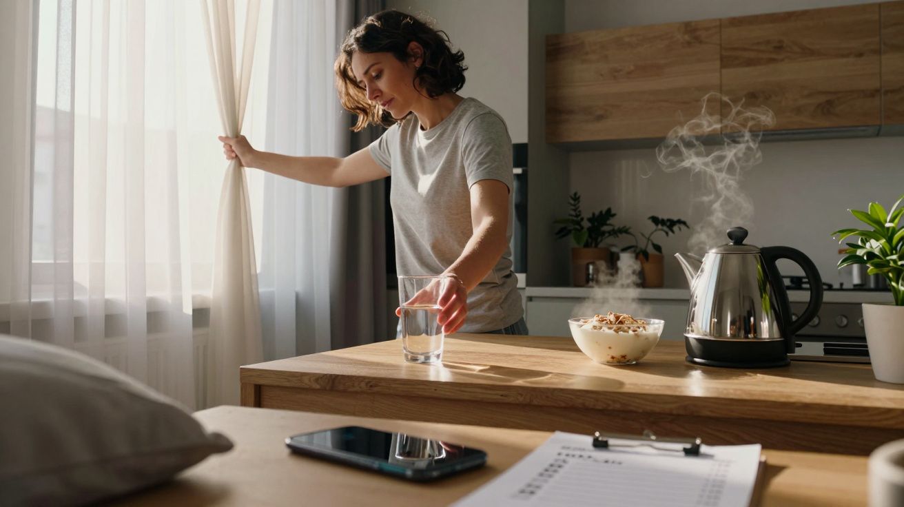 Woman adjusting curtain in sunny kitchen, with glass of water, hot kettle, and cereal bowl on counter.