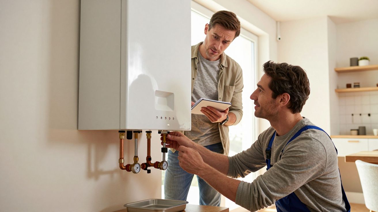 Two men inspecting and adjusting a wall-mounted boiler in a bright kitchen.
