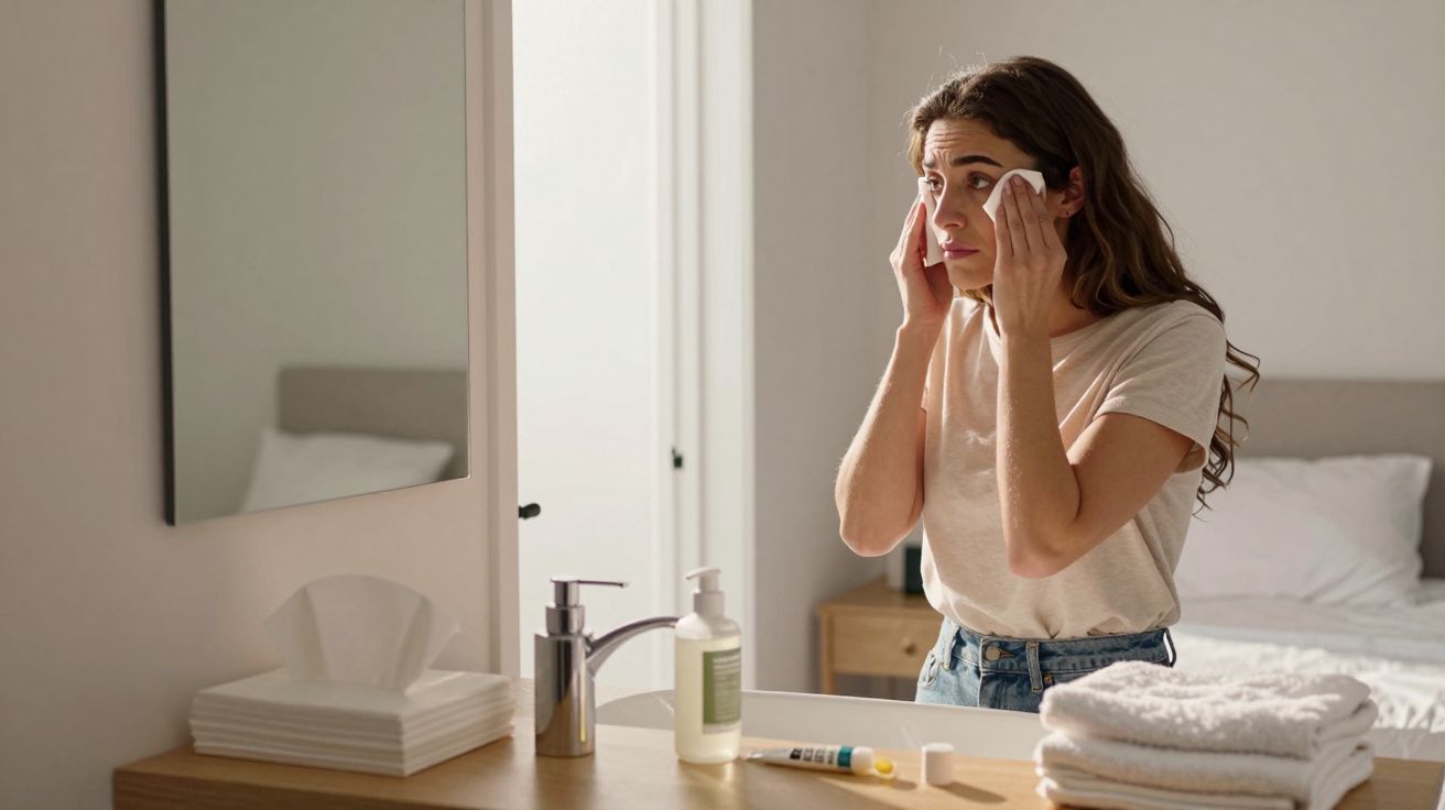 Woman in a beige top removes makeup with cotton pads in a sunlit bathroom, standing by a wooden counter with toiletries.