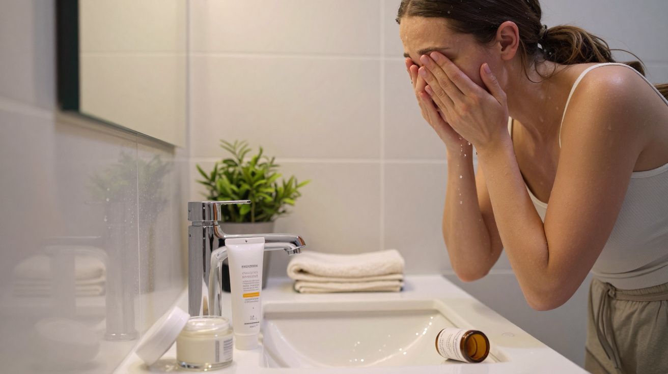 Woman washing face at bathroom sink with skincare products on the counter.
