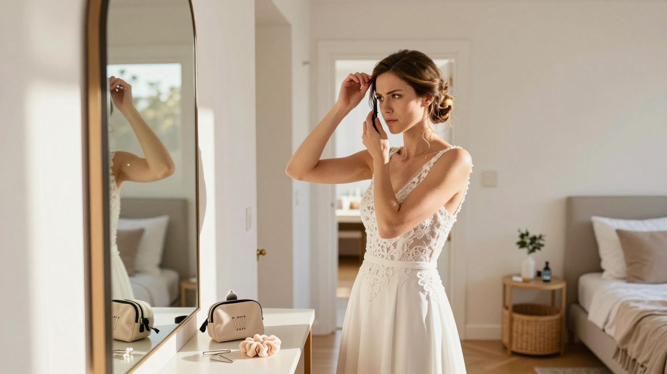 Bride in lace wedding dress adjusts hair while looking in mirror in elegantly decorated room.