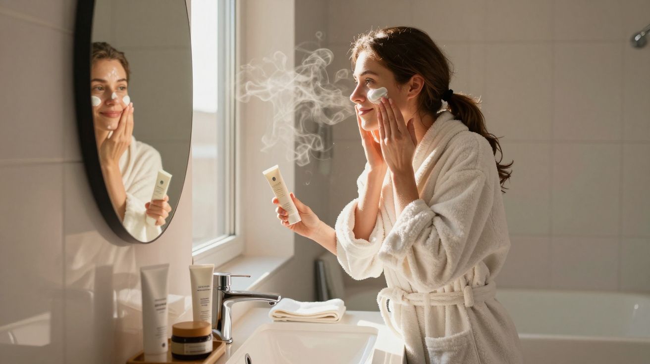Woman applying face cream in bathroom, wearing a white robe, standing by a mirror with sunlight streaming in.