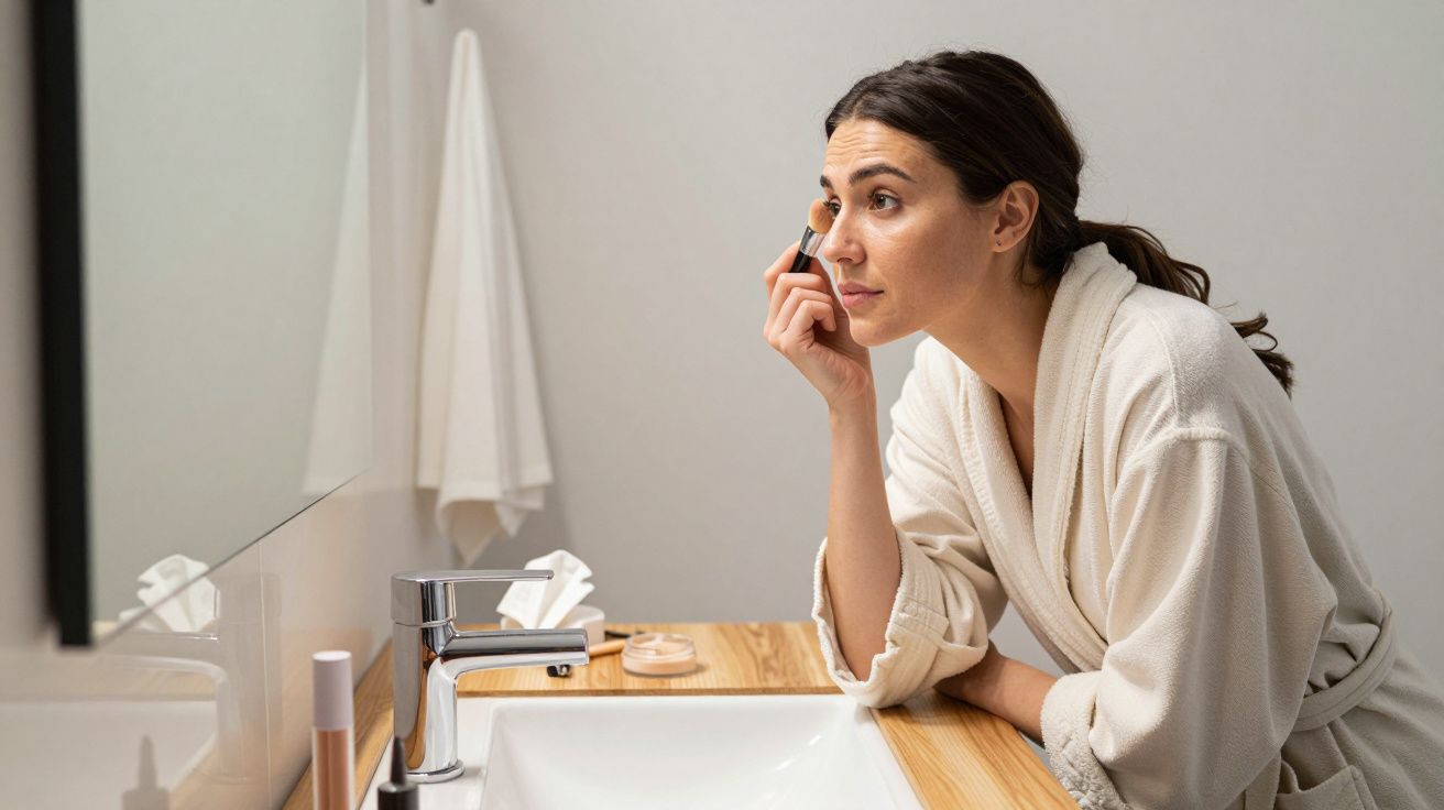 Woman in a bathrobe applying makeup in front of a bathroom mirror.