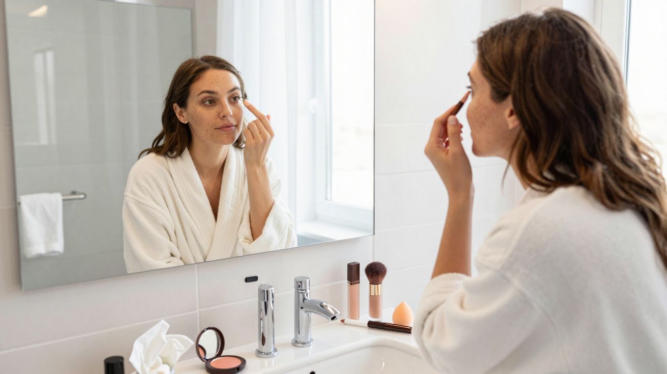 Woman in a bathroom applying skincare, wearing a white robe, looking in the mirror with products on the sink.