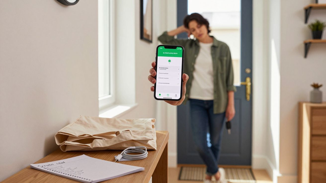 Person inside a house, holding a smartphone with a green app screen. A notepad and charging cable on table nearby.