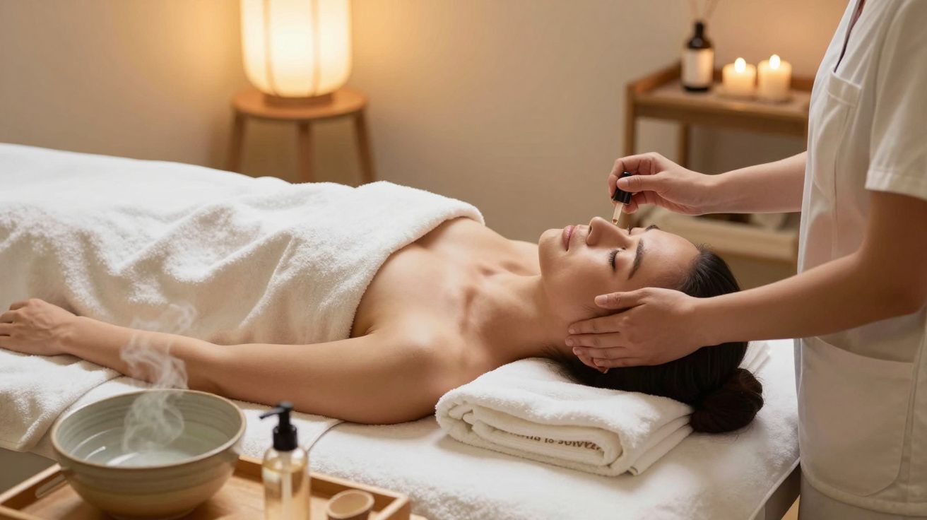 Woman receiving a relaxing facial treatment with oils in a spa setting, surrounded by candles and a steaming bowl.