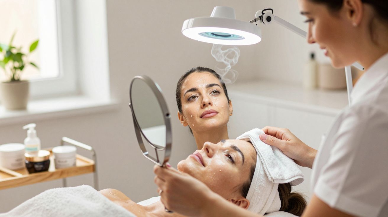 Woman receiving a facial treatment while holding a mirror, another woman assists under a bright lamp in a spa setting.