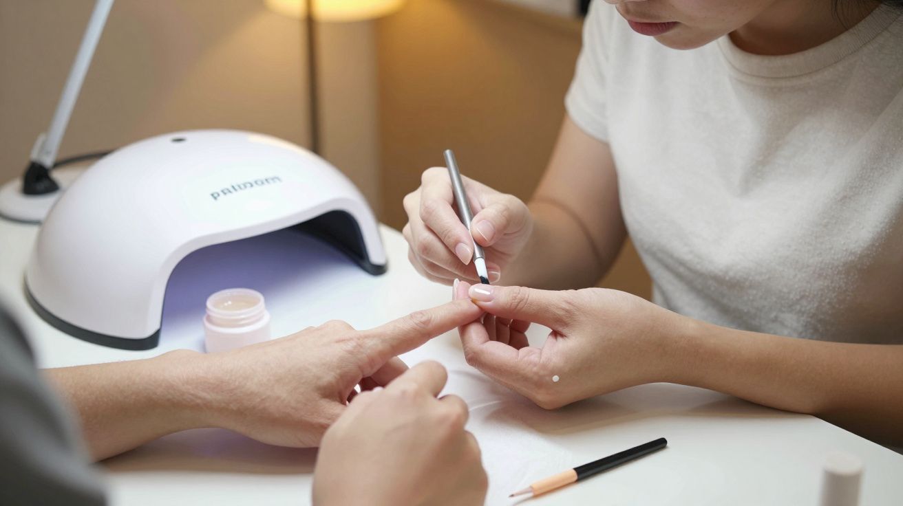 Close-up of a person receiving a manicure at a nail salon, with hands and nail tools on a table.