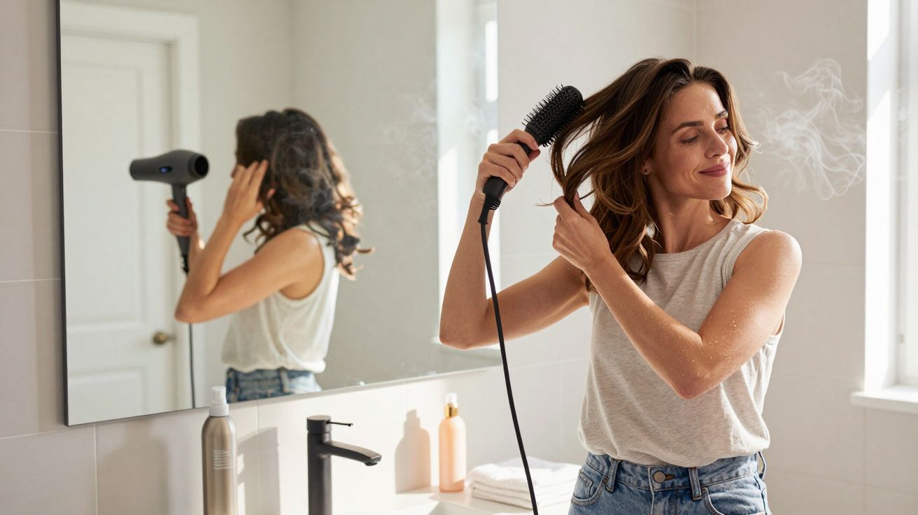 Woman drying hair with a hairdryer in a bright bathroom, smiling at the mirror.