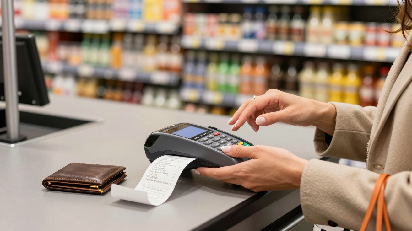 Person using a card machine at a shop counter, surrounded by shelves of products.
