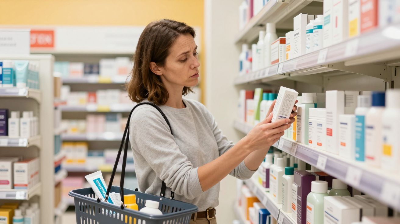 Woman shopping for skincare products in a pharmacy, holding a box, with a basket in her arm.