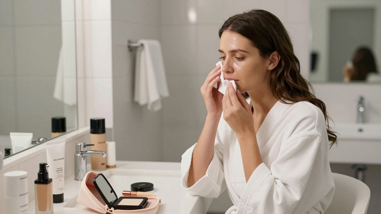 Woman in a white robe applying skincare at bathroom counter, surrounded by makeup products and mirror.