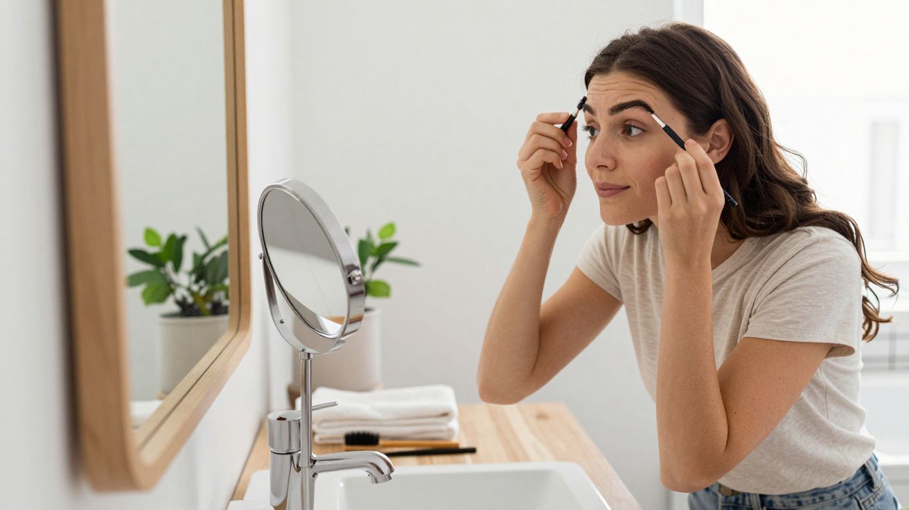 Woman applying makeup in front of a mirror in a bathroom, with plants on the counter.