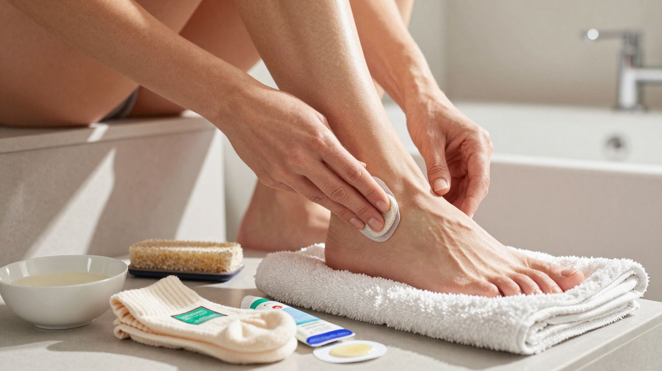 Person exfoliating foot on towel with cream, pumice and socks nearby in bathroom.