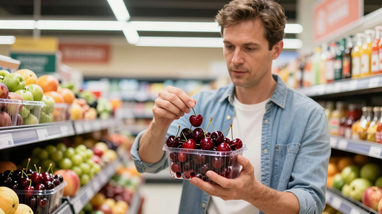 A man in a supermarket examines cherries in a plastic container, surrounded by vibrant fruits and grocery shelves.