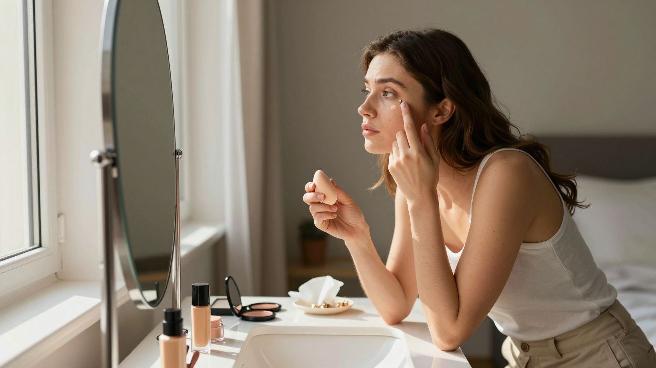 Woman applying makeup with a sponge, looking in a round mirror by a window, cosmetics on the sink.