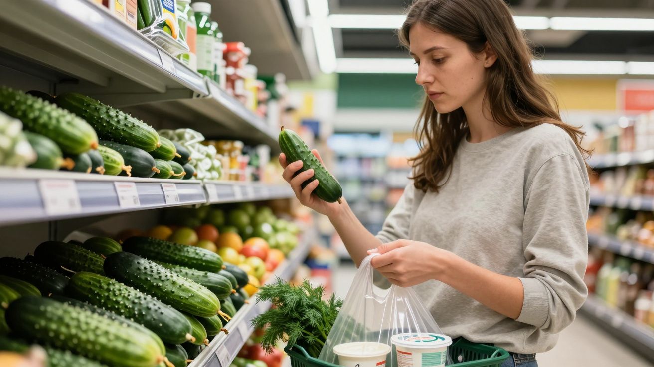 Woman shopping in a supermarket, holding a cucumber and a basket with groceries, standing in the fresh produce aisle.