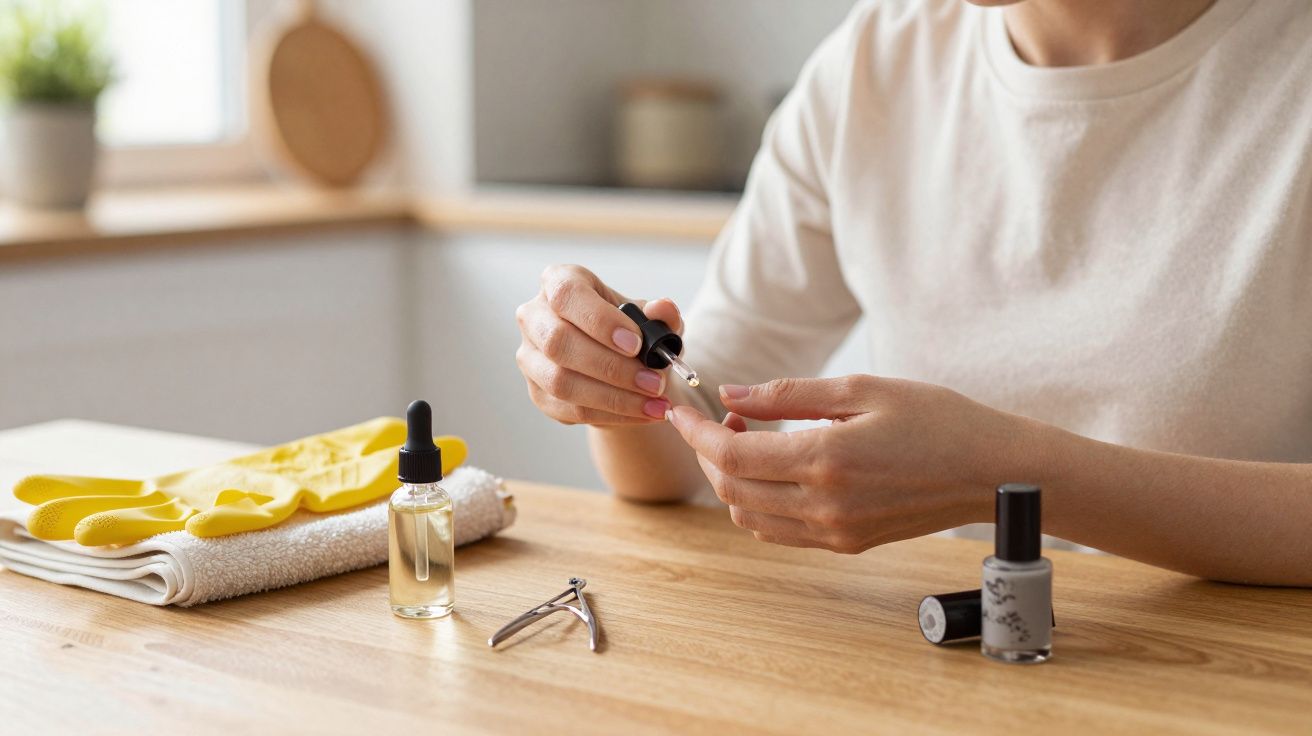 Person applying cuticle oil at a wooden table with nail tools, polish, and yellow gloves nearby.