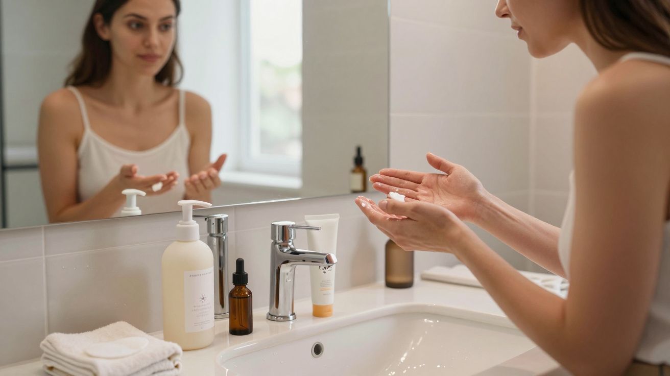 Woman applying skincare at a bathroom sink, with various bottles and a reflection in the mirror.
