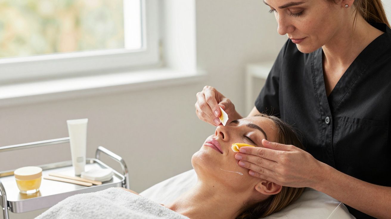 Beauty therapist applying a facial treatment to a woman lying down in a spa setting.