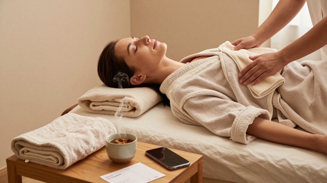 Woman in a robe receiving a relaxing massage in a spa, with a steaming cup and phone on a nearby table.