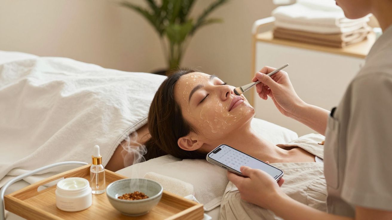 Person receiving a facial treatment, lying on a spa bed, while another applies cream with a brush.