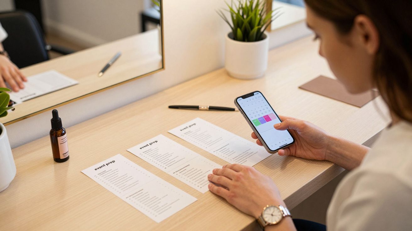 Woman checks phone calendar while organising papers at desk with plant and dropper bottle.