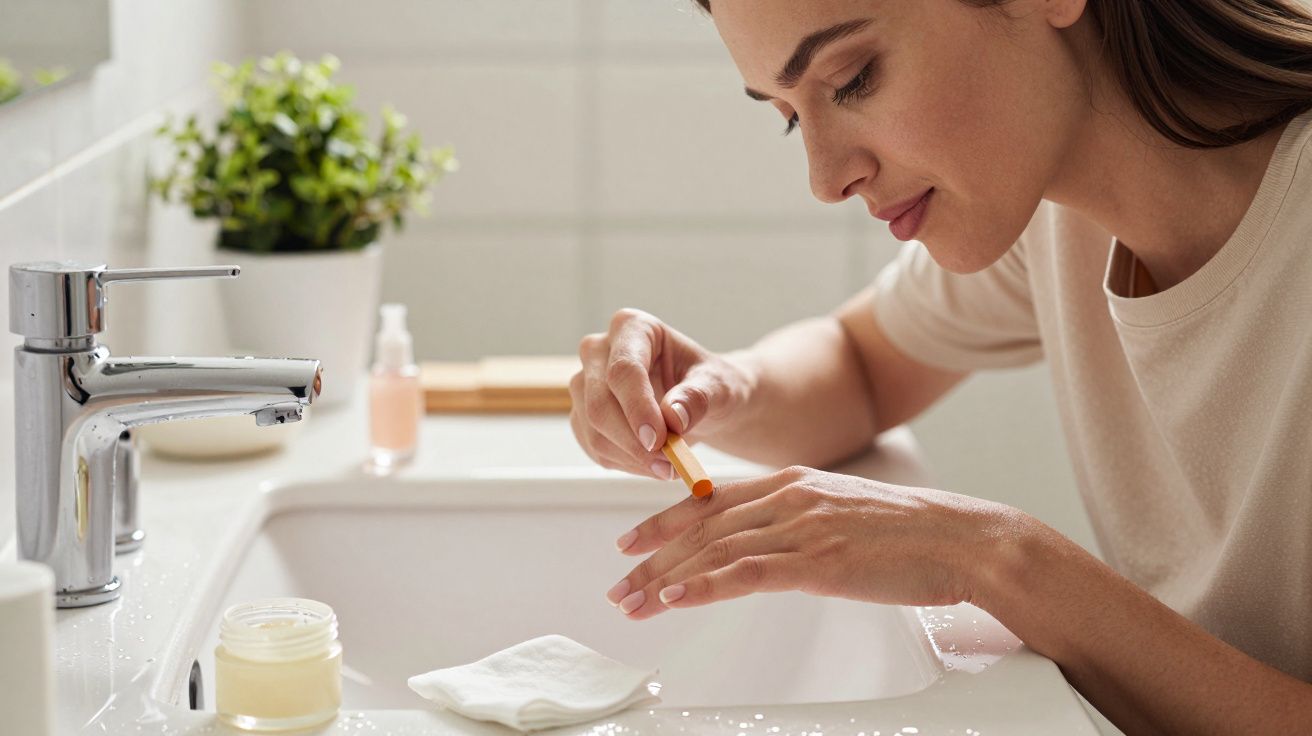 Woman filing nails in bathroom, leaning over sink, with skincare products and green plant nearby.