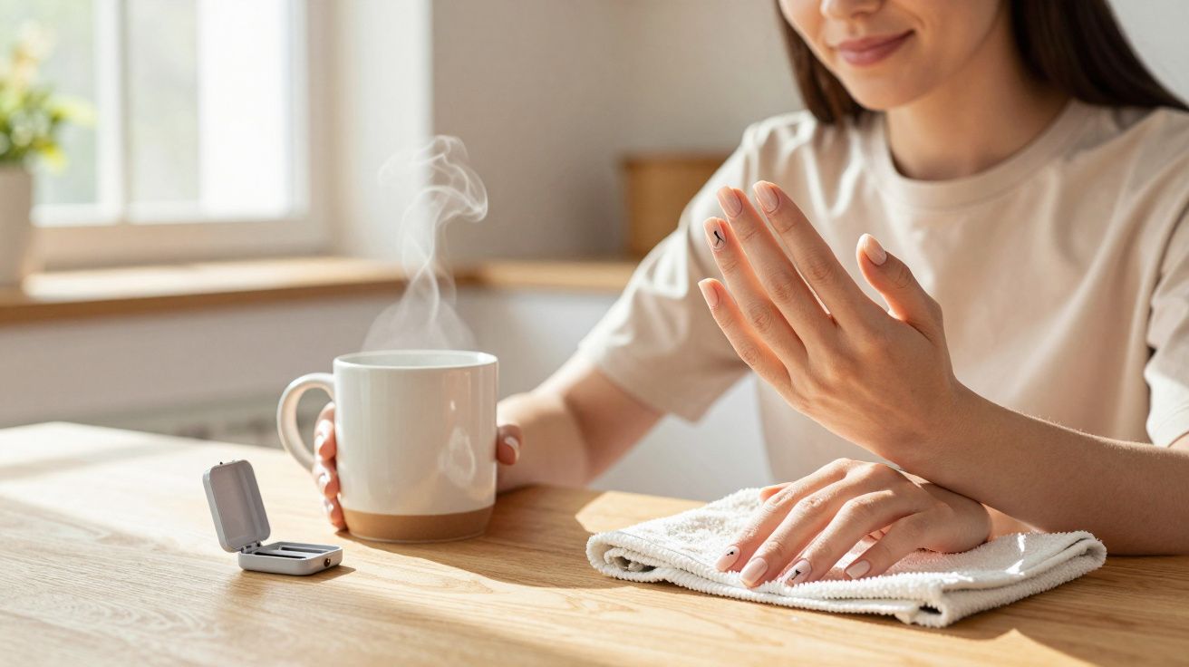 Woman enjoying a hot drink at a table, with a ring box on the left and a soft smile on her face.