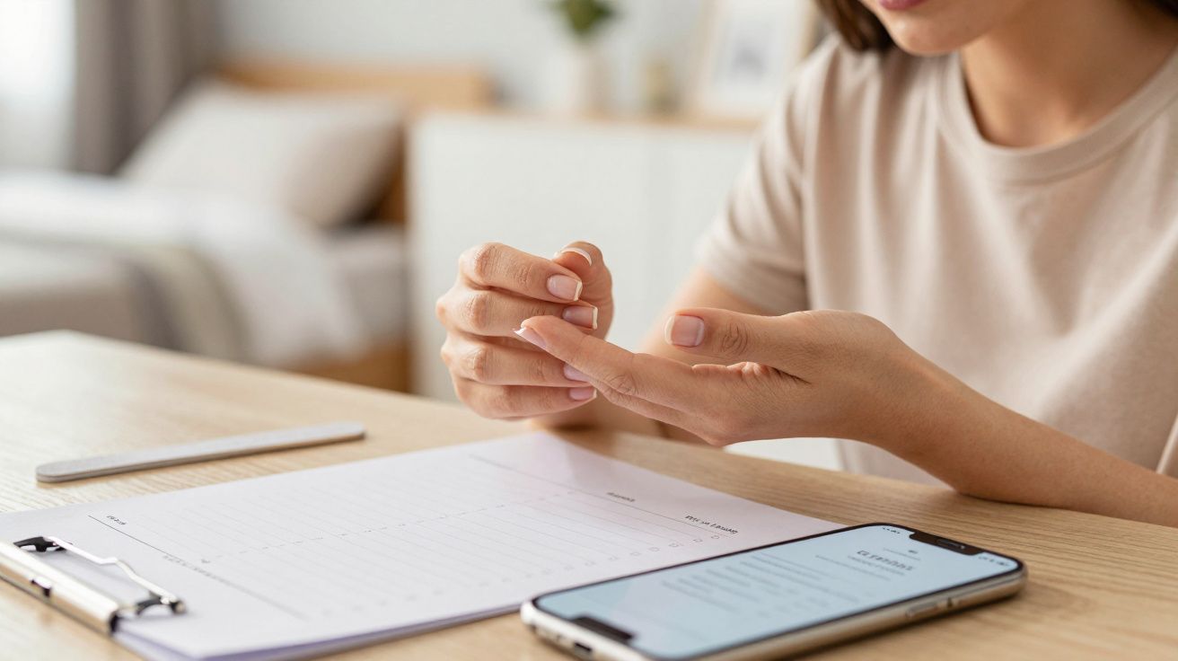 Woman checking her fingers by a clipboard and smartphone on a wooden desk.