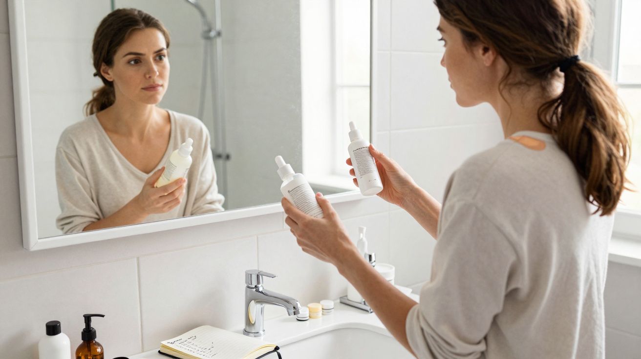 Woman comparing skincare products in front of bathroom mirror.