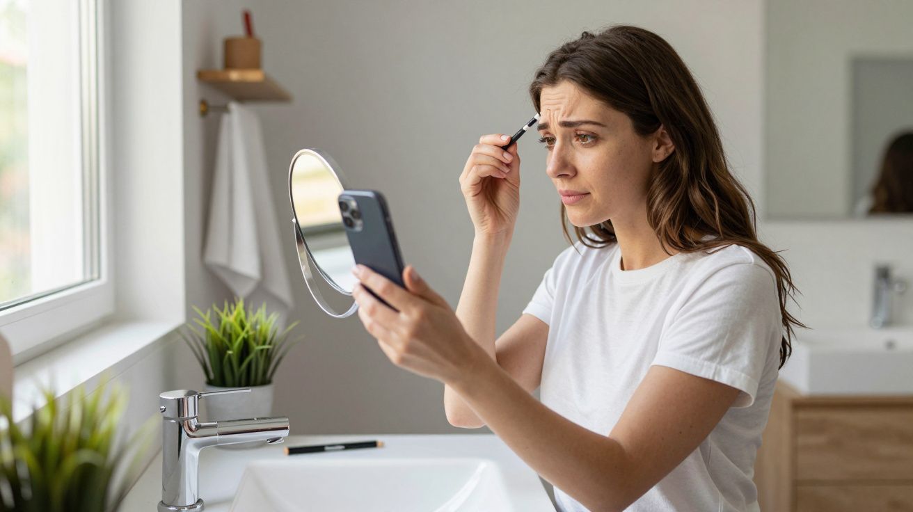 Woman in white t-shirt applying makeup, holding a smartphone by the bathroom mirror.