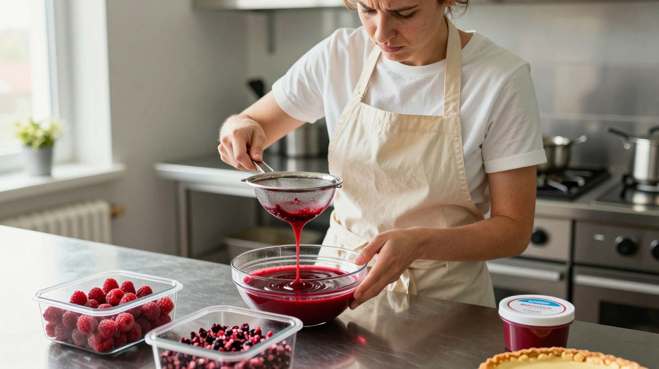 Woman in kitchen straining berry sauce into a bowl, with fresh raspberries and blackcurrants on the metal counter.