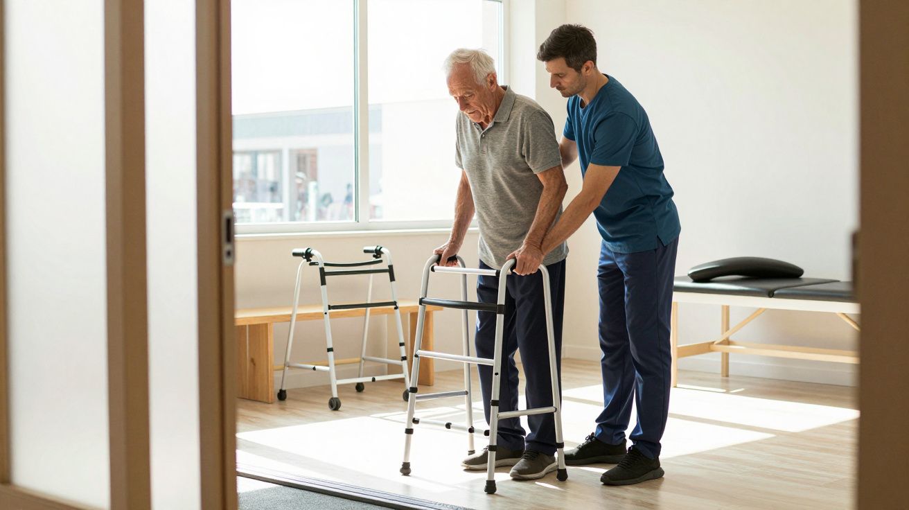 Elderly man using a walker assisted by a caregiver in a bright room with large windows.