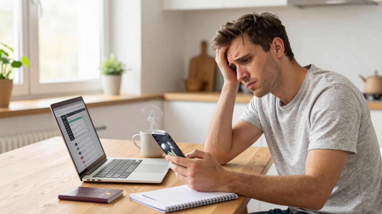 Man looking stressed while viewing smartphone, seated at a desk with an open laptop, passport, and notebook.