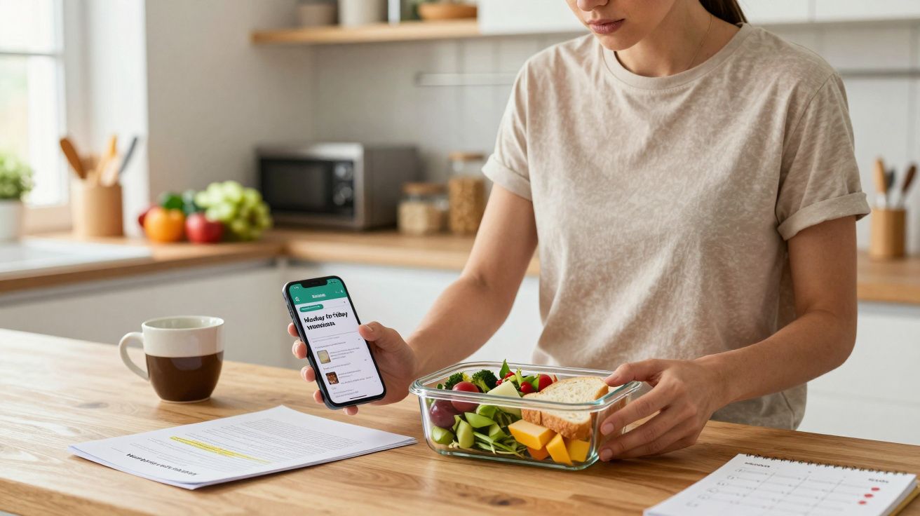 Woman holding phone, preparing a healthy salad in a kitchen with documents and a cup on the wooden table.